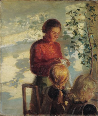 Due bambine che imparano a cucire da Anna Ancher